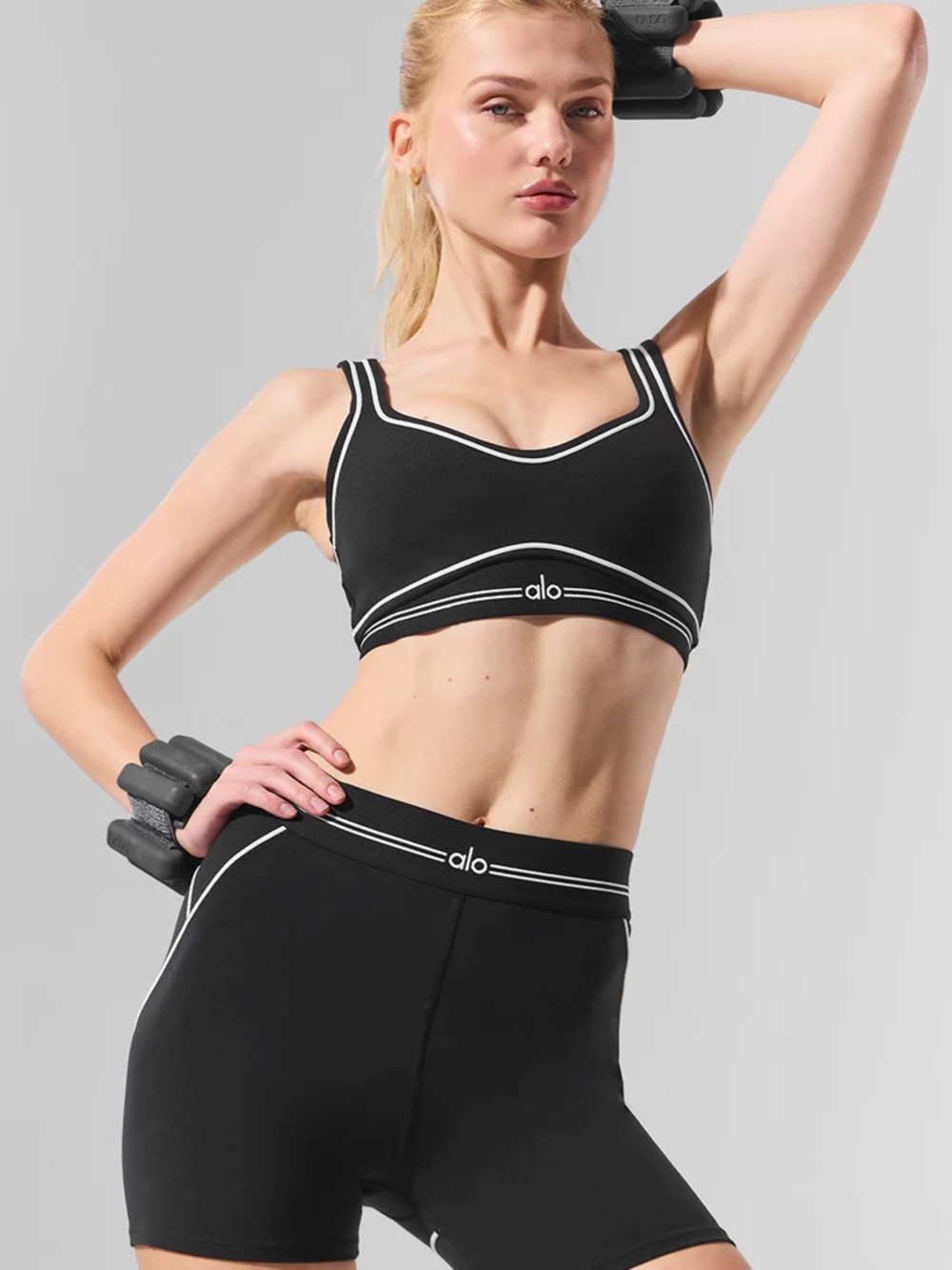 ALO Yoga Black Sports Bra with White Piping